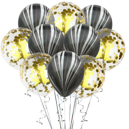 10 pcs 12 inch Gold Confetti Balloons Black Marble Stripe Balloons Set
